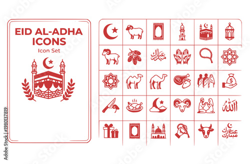 Eid Al-Adha Islamic Celebration Icon Set Crescent Moon Sacrifice Prayer Mat Kaaba Lantern Dates Henna Pattern Eid Greeting Vector Illustration