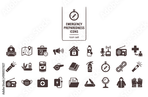 Emergency Preparedness Icon Set Go-Bag Evacuation Zone 72-Hour Kit Alert System Shelter-In-Place Water Purification Ham Radio First Aid Triage Vector