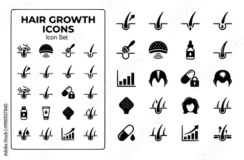 Hair Growth Icon Set Hair Follicle Growth Cycle Scalp Treatment Hair Strand Thinning Pattern DHT Blocker Derma Roller Hair Density Chart Vector Illustration