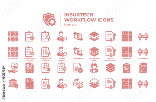 InsurTech Workflow Icon Set Actuary Table Underwriting Checklist Claims Adjuster Subrogation Reinsurance Layer Policy Endorsement Risk Matrix Coverage Gap