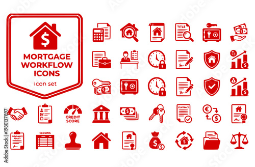 Mortgage Workflow Icon Set Loan Estimate Appraisal Report Title Search Escrow Account Underwriting Rate Lock Closing Disclosure Title Insurance DTI Ratio