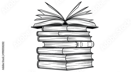 A black and white illustration depicts a stack of books with an open book on top