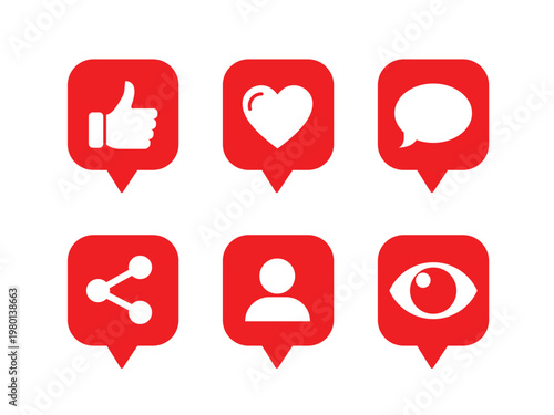 Social media notification icons in speech bubbles with like love comment share follower symbols, chat reaction collection vector illustration
