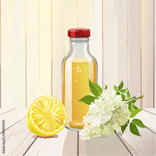 Hausgemachter Holunderblütensirup in Glasflasche mit frischen Blüten