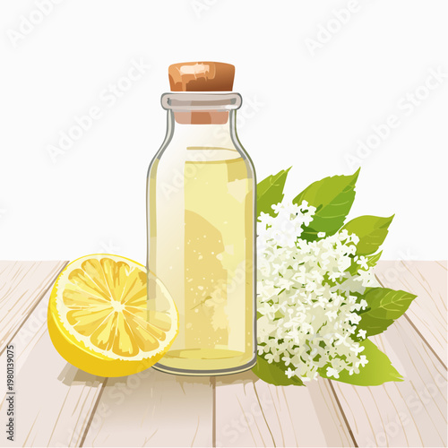 Hausgemachter Holunderblütensirup in Glasflasche mit frischen Blüten