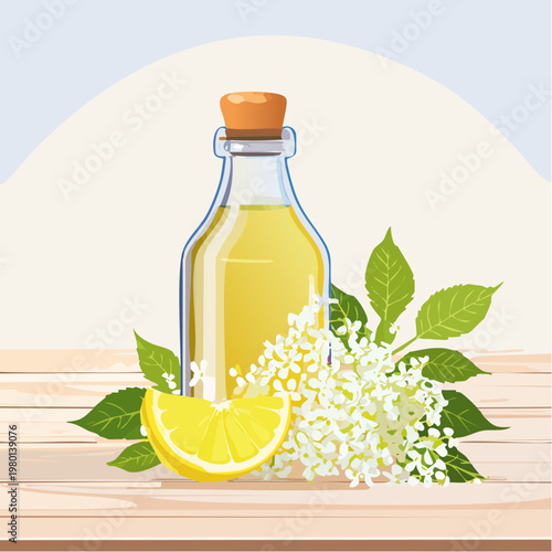 Hausgemachter Holunderblütensirup in Glasflasche mit frischen Blüten