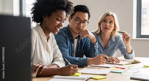 Diverse group of young professionals working together at office table writing in notebooks and using sticky notes during collaborative meeting session.
