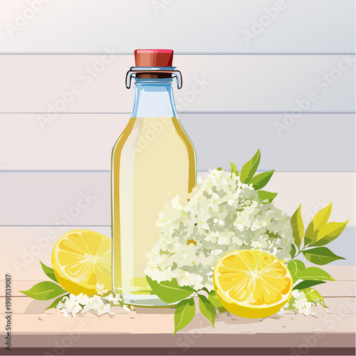 Hausgemachter Holunderblütensirup in Glasflasche mit frischen Blüten