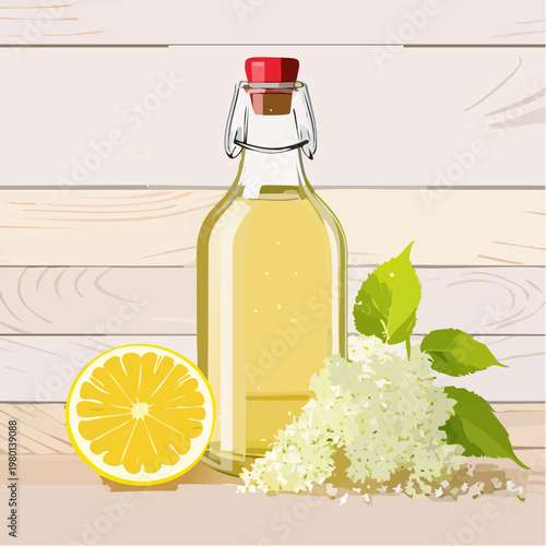 Hausgemachter Holunderblütensirup in Glasflasche mit frischen Blüten