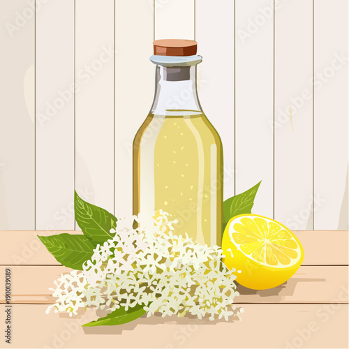 Hausgemachter Holunderblütensirup in Glasflasche mit frischen Blüten