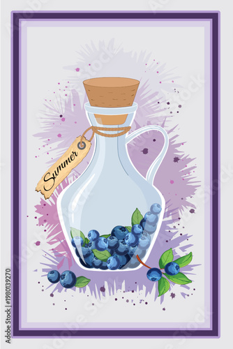 Colored banner with berries in a vessel.Vector illustration with berries in a glass vessel on an abstract colored background.