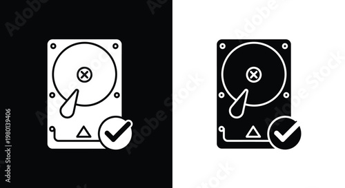 A black and white illustration depicts two hard drive icons one with a checkmark one with an x