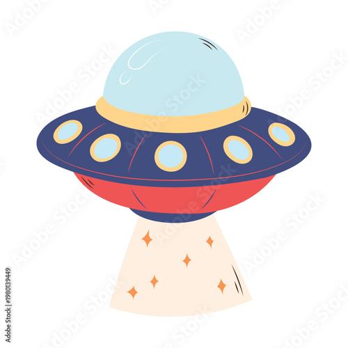 A blue and red UFO flying object with a beam of light, designed in a simple flat style for children.