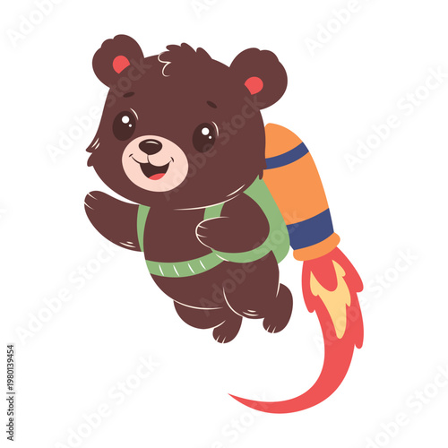 A small brown bear wearing a jetpack with fire flames, flying through the air in a flat cartoon style.