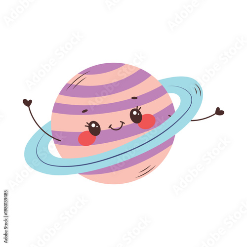 Cute Saturn Planet Character with Rings and Smiling Face for Kids Cosmic Design