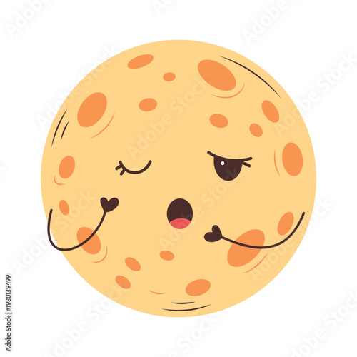 A yellow crescent moon with a sleepy facial expression and small craters