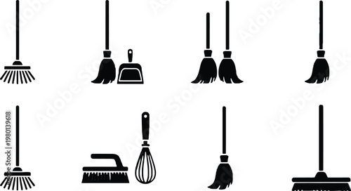 Set of 8 Minimalist Cleaning Tool Vector Icons for Household and Kitchen Use