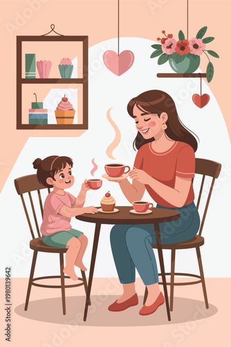 Mother and daughter sit together at a wooden table in a cozy room while enjoying warm cups of tea and sweet cupcakes during a peaceful afternoon break in a charmingly decorated domestic interior.
