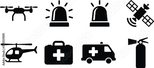 flat vector icon set of emergency services and transportation symbols