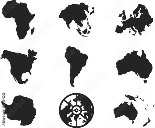 africa continent vector icon set with compass and isolated on white background