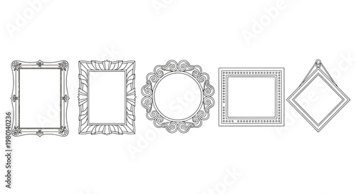 A collection of five uniquely shaped and styled empty picture frames shown in black and white