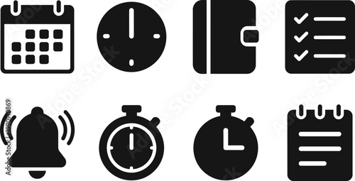 flat design time management vector icon set with clocks calendars and productivity symbols