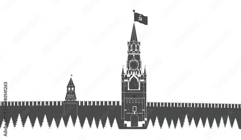 Naklejka premium A striking black and white depiction showcases the iconic spires of moscow s kremlin presented as a bold silhouette high quality professional detailed modern