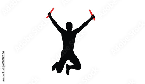 A dynamic black silhouette of a runner mid jump triumphantly raising two bright red batons overhead celebrating victory silhouette high quality professional detailed modern