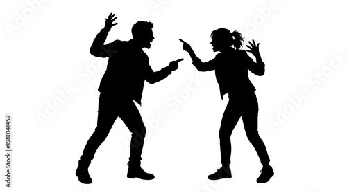 Quadro su tela Silhouette couple arguing and pointing fingers, isolated on transparent backgrou