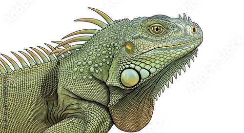 Green iguana portrait against white background illustrative close up