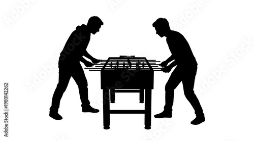 Two male silhouettes playing foosball table game, isolated on transparent background