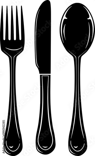 “Simple outline illustration of tableware set—plate, fork, and knife—clean line-art vector style.”