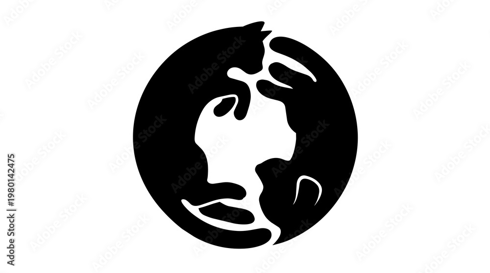 Obraz premium Two black cat silhouettes forming a yin yang symbol, isolated on transparent background