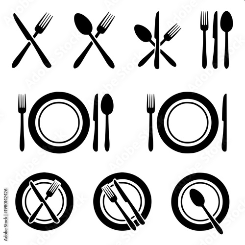 “Simple outline illustration of tableware set—plate, fork, and knife—clean line-art vector style.”