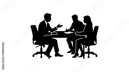 Business meeting with three people in silhouette, isolated on transparent background