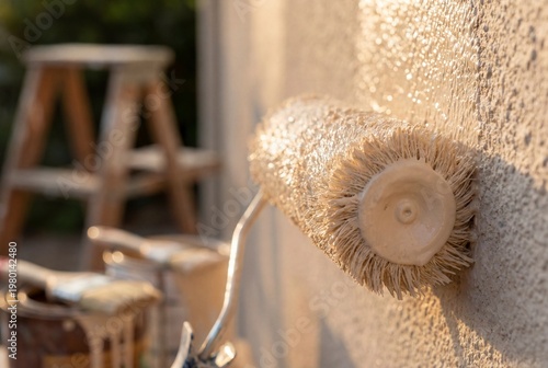 Close up of paint roller applying beige paint on textured wall outdoors at sunset home renovation and exterior decorating concept professional painting tools and equipment