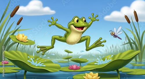 Joyful frog jumping above lily pads with dragonfly in sunny pond scene