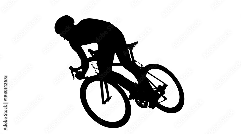 Obraz premium Black silhouette of a cyclist in racing gear on a road bike, isolated on transparent background