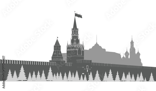 A stark black silhouette depicts the iconic red brick kremlin and spired towers of moscow russia with a waving flag silhouette high quality professional