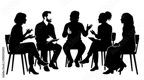 Diverse group of people in silhouette sitting in chairs discussing ideas, isolated on transparent background
