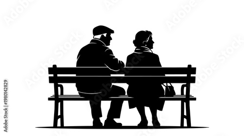 Elderly couple silhouetted on a park bench, isolated on transparent background