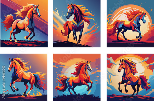 Magnificent horses in the collection of colored banners.Vector collection of color illustrations with magnificent horses in motion.