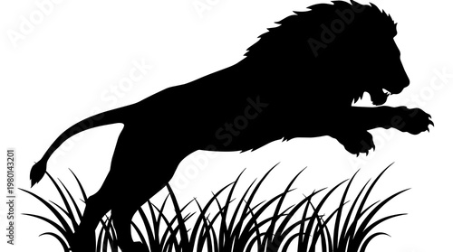 фотографія Black lion silhouette leaping over grass, isolated on transparent background