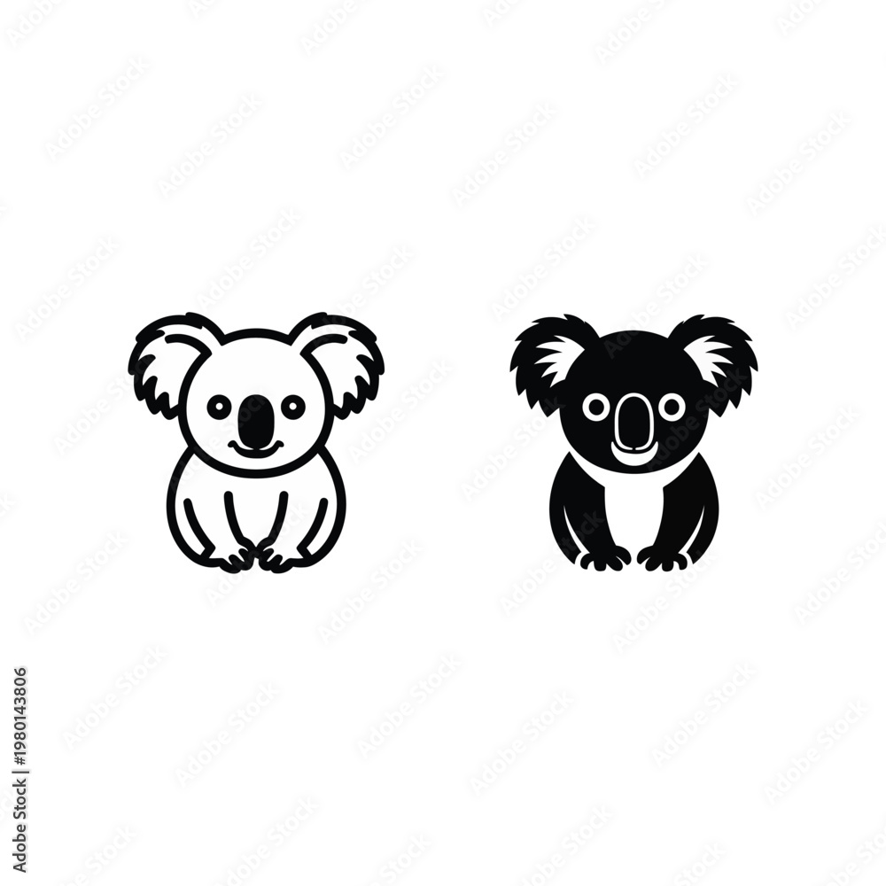 Fototapeta premium Koala bear icons, fluffy eucalyptus pet characters, black and white vector portraits, cute animal sticker pack, zoo mascot design