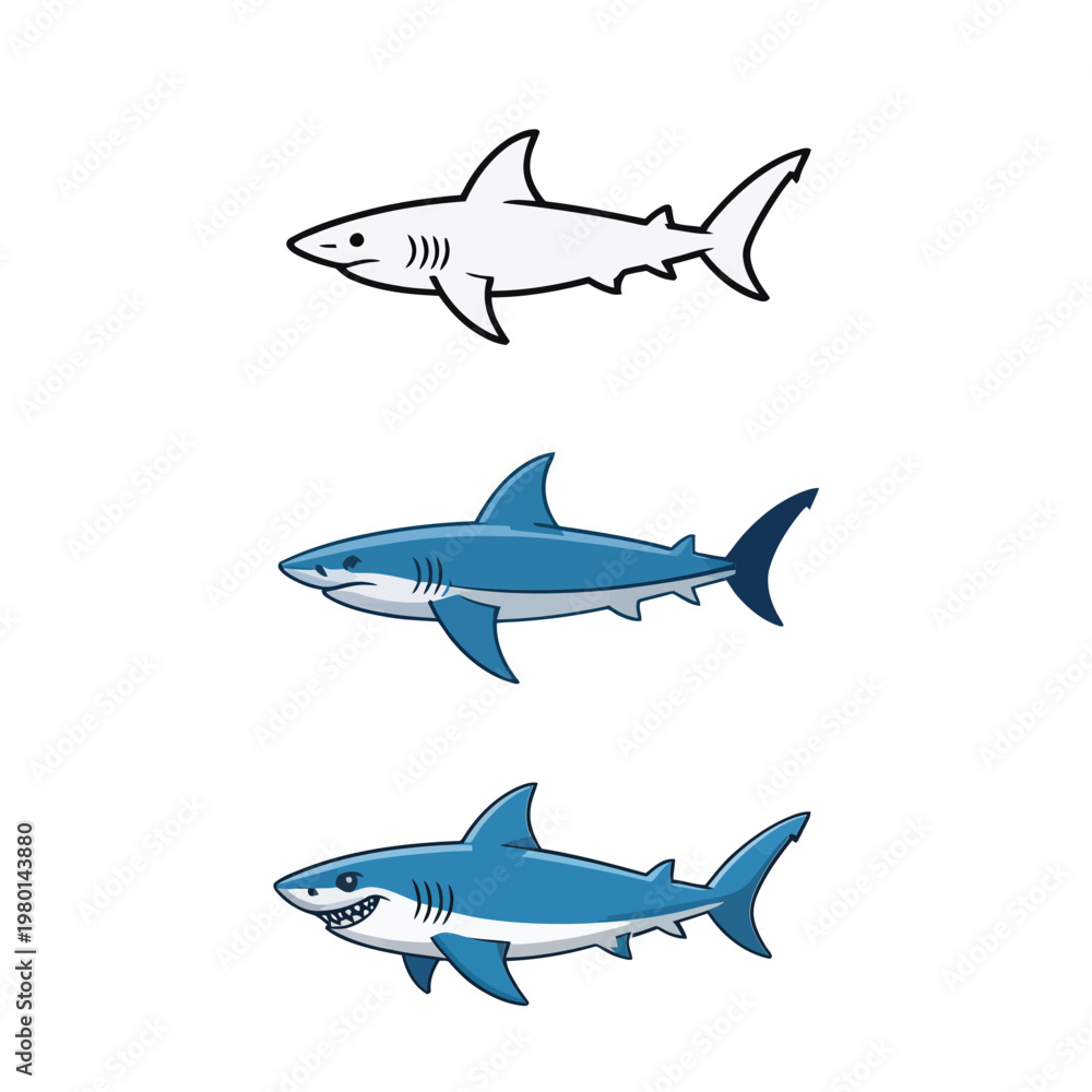 Obraz premium Shark icons set, swimming predator collection, ocean week promotion, aquarium show poster, beach safety lesson, vector illustration, wildlife design