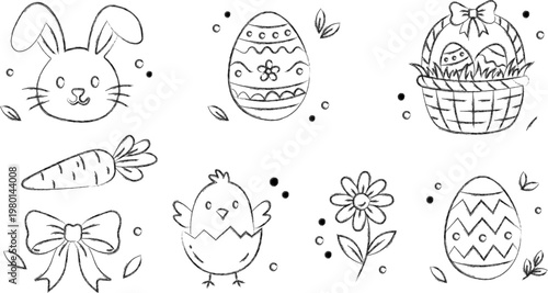 Hand Drawn Easter Doodle Set – Bunny Face, Decorated Eggs, Basket, Chick, Carrot, Bow, Spring Flower Line Art Icons Isolated on White
