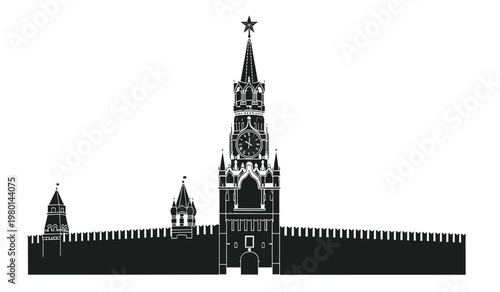 A striking black silhouette depicts moscow s iconic red square featuring spasskaya tower and kremlin walls a powerful silhouette high quality professional detailed modern