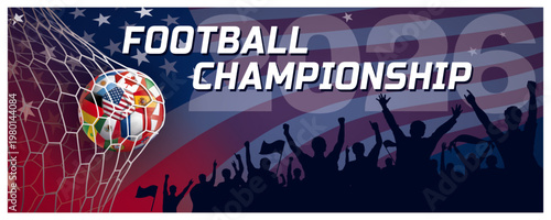 ILLUSTRATION AVEC DRAPEAU AMÉRICAIN EN ARRIÈRE-PLAN ET UN PUBLIC JOYEUX