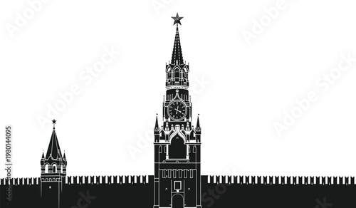 A striking black and white depiction of moscow s kremlin towers and walls featuring a prominent red star a bold silhouette high quality professional