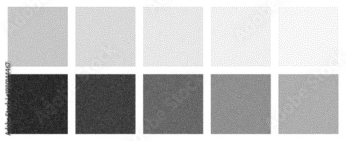 Set of noise grain textures with different density levels. Vector gradient halftone dots background collection. Monochromatic stipple pattern for design element and graphic effect.